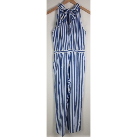 J. Crew Women's Sz. 4 Blue & White Cotton Wide Leg Halter Jumpsuit - Picture 7 of 9